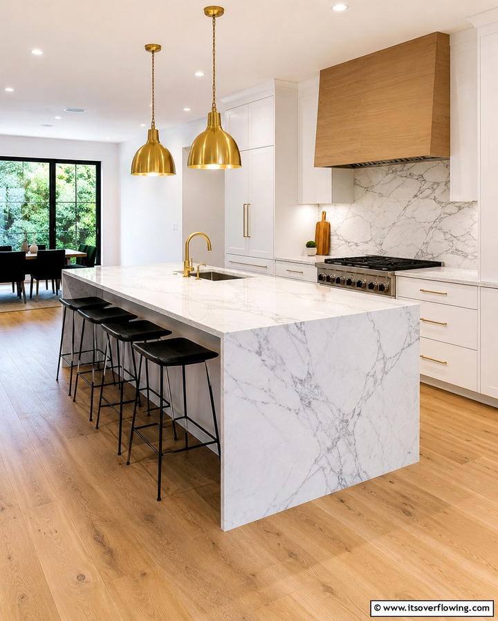 Sleek Marble Waterfall Island - 20 Stunning Waterfall Kitchen Island Ideas for a Modern Look