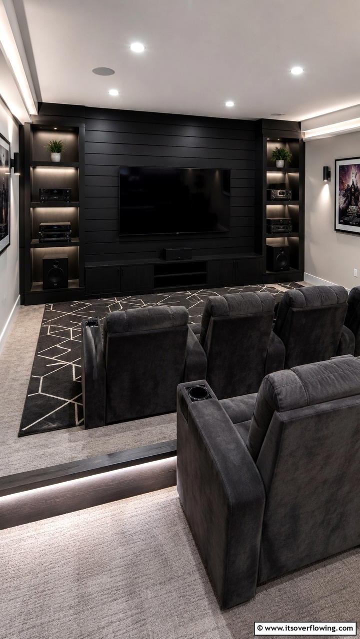 Sleek Media Room Aesthetic - 30 Black Shiplap Wall Ideas for Timeless Interior Accents