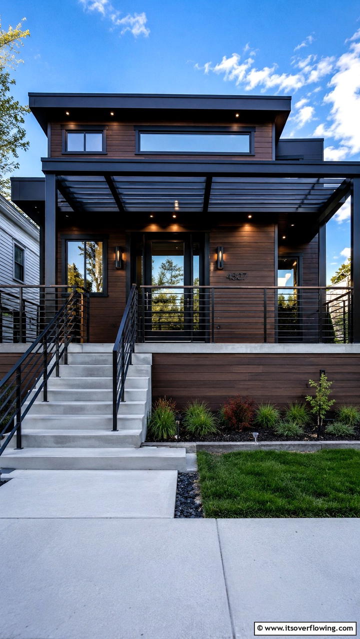 Sleek Metal Accents - 30 Dark Brown House With Black Trim Exterior Design Ideas