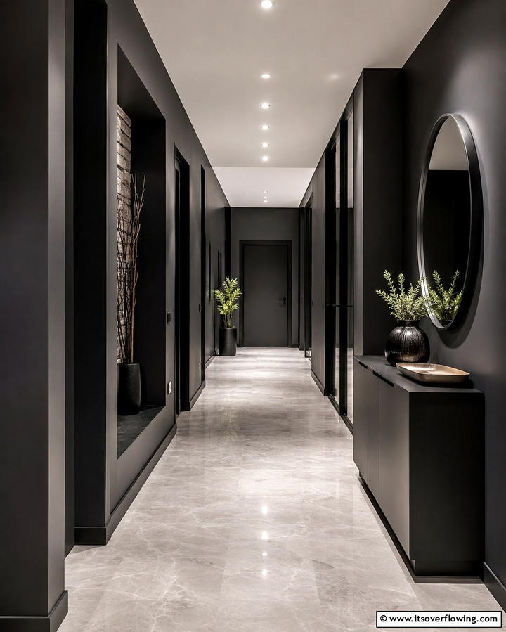 Sleek Minimalist Ambiance - 30 Black Hallway Ideas for Dramatic and Sophisticated Spaces
