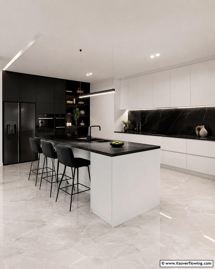 Sleek Minimalist Cabinets - 30 Luxe Black, White, and Gold Kitchen Ideas for Elegant Spaces