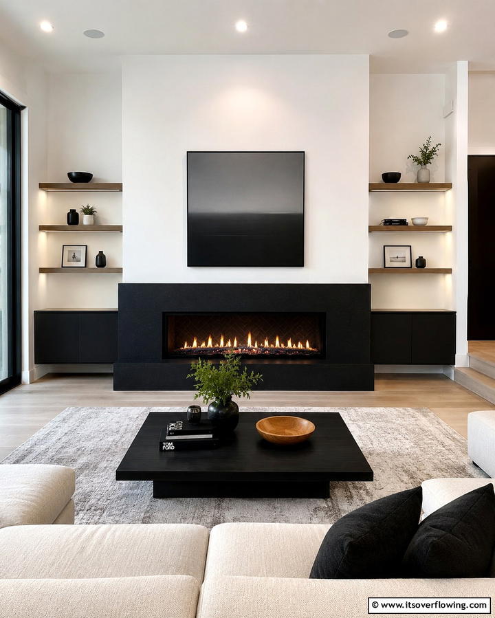 Sleek Minimalist Design - 30 Bold Black Fireplace Ideas to Elevate Your Living Room