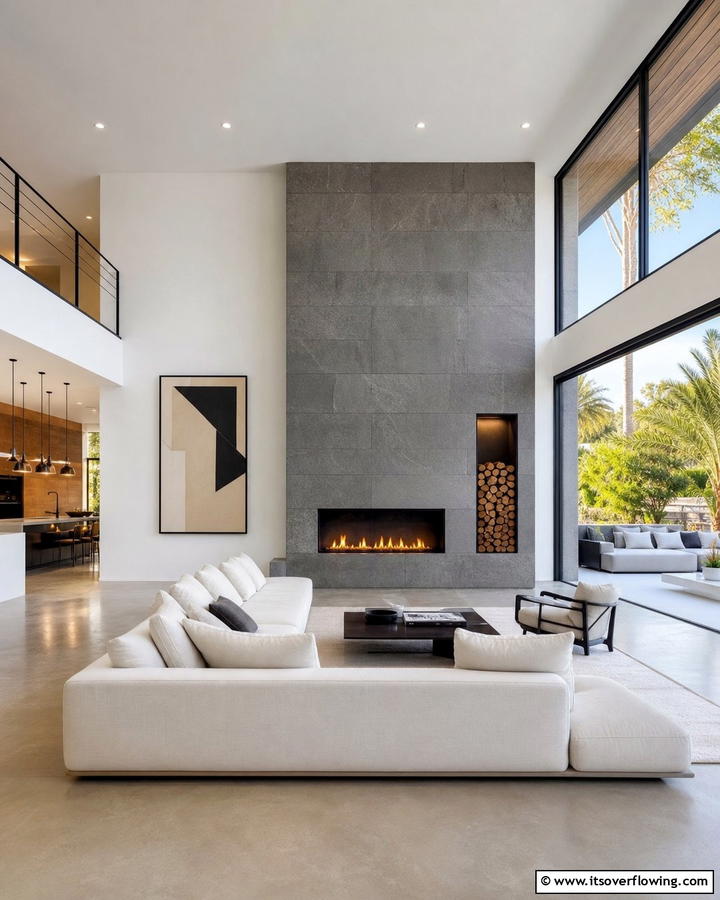 Sleek Minimalist Modern - 21 Rustic Stone Fireplace Designs for Cozy Living Rooms