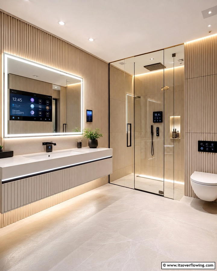 Sleek Modern Amenities - 30 Beige Bathroom Ideas for Timeless and Serene Design Schemes