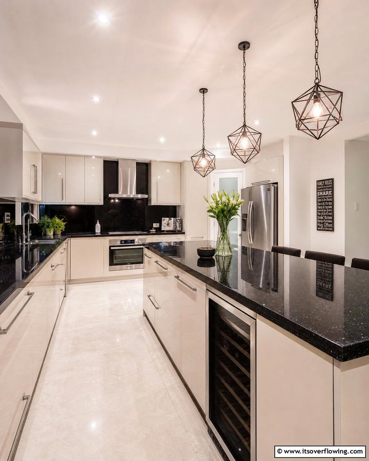 Sleek Modern Appeal with Black Granite - 20 Kitchen Ideas with Dark Countertops and Light Cabinets