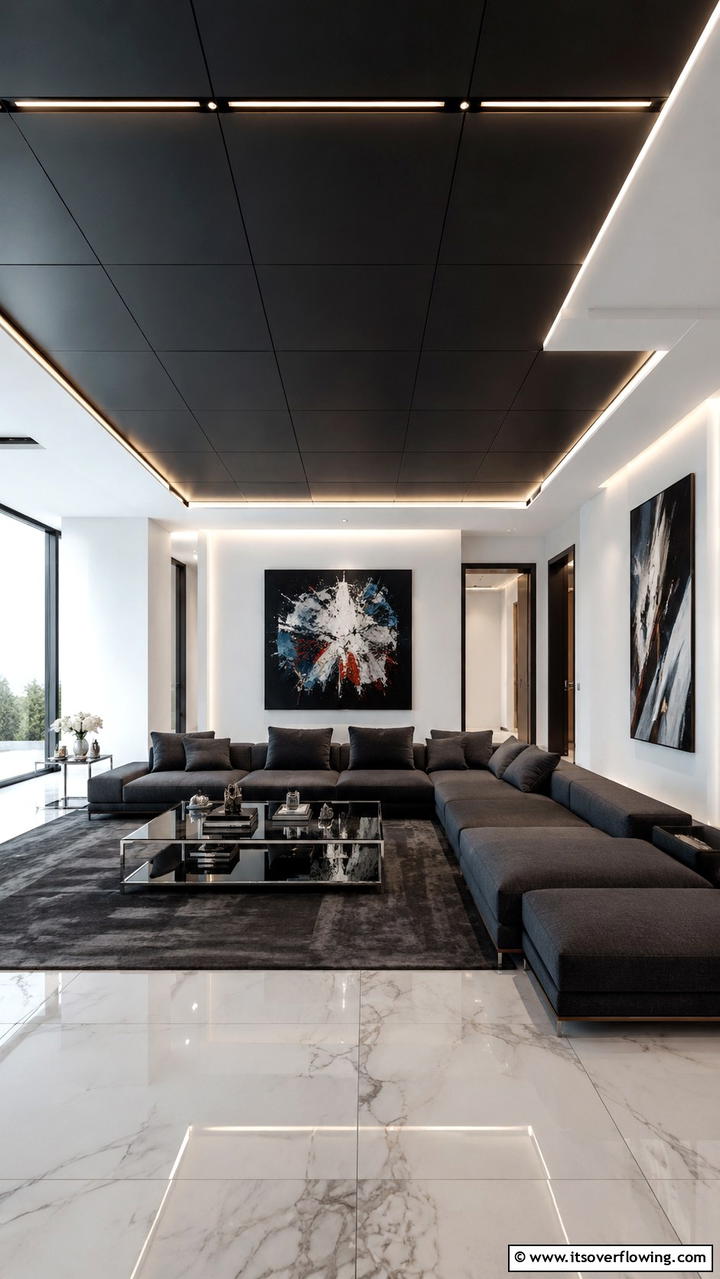 Sleek Modern Black Panels - 30 Black Ceiling Ideas to Add Depth and Drama Above