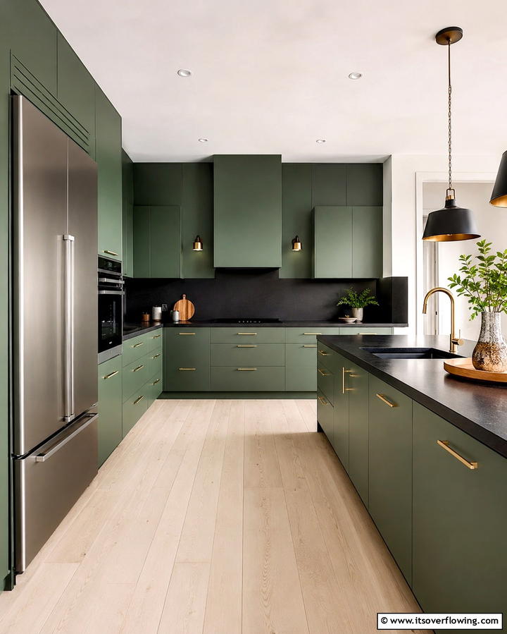Sleek Modern Elegance - 30 Green Kitchen Cabinets & Black Countertops Pairing Ideas