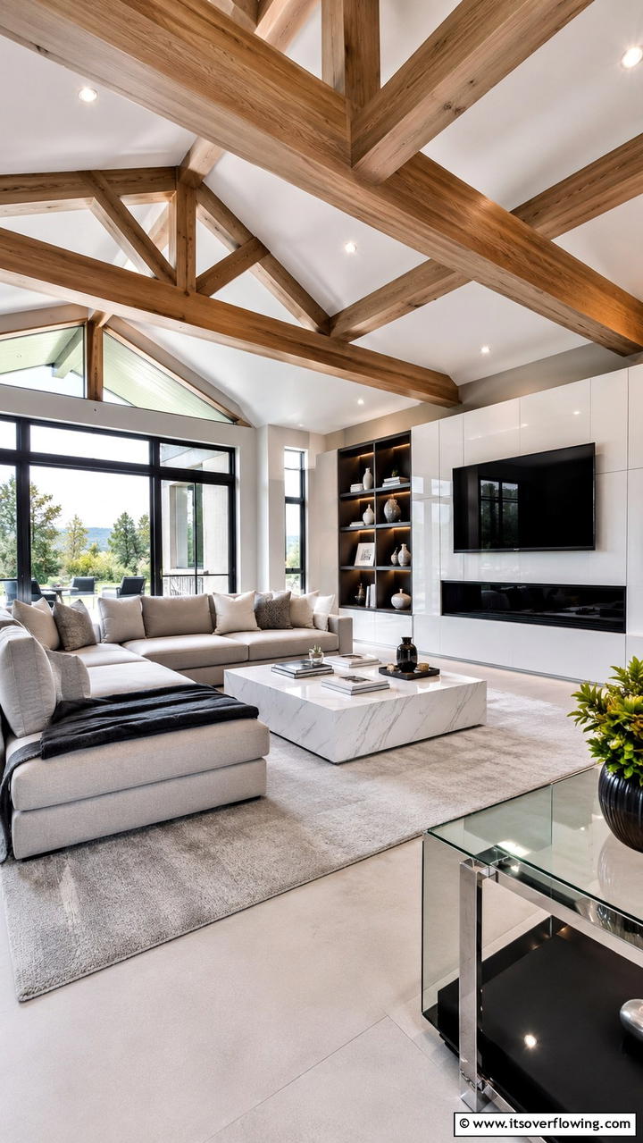 Sleek Modern Finishes - 30 Exposed Beam Living Room Ideas for Rustic Charm