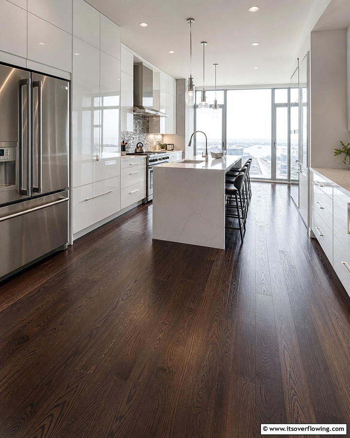 Sleek Modern Kitchens with Dark Wood Floors - 20 Kitchens With Wood Floors for a Warm and Inviting Feel