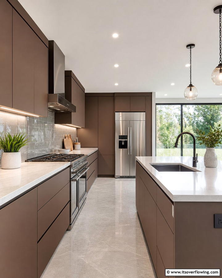 Sleek Modernity with Matte Brown Cabinets - 20 Brown Kitchen Cabinets Ideas for a Warm and Inviting Space