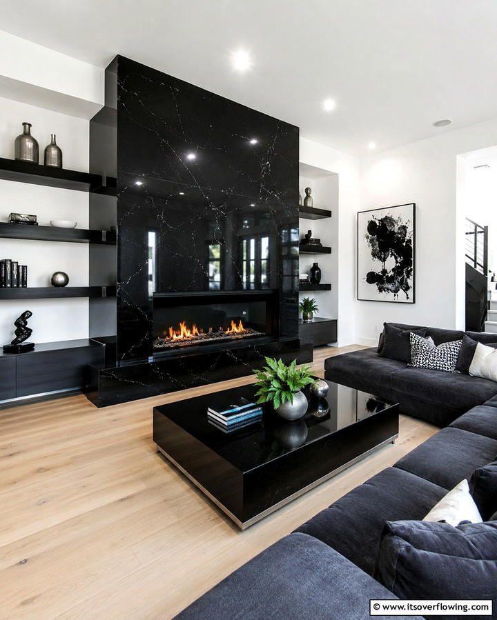 Sleek Modernity with Polished Black Granite - 25 Elegant Black Stone Fireplace Ideas
