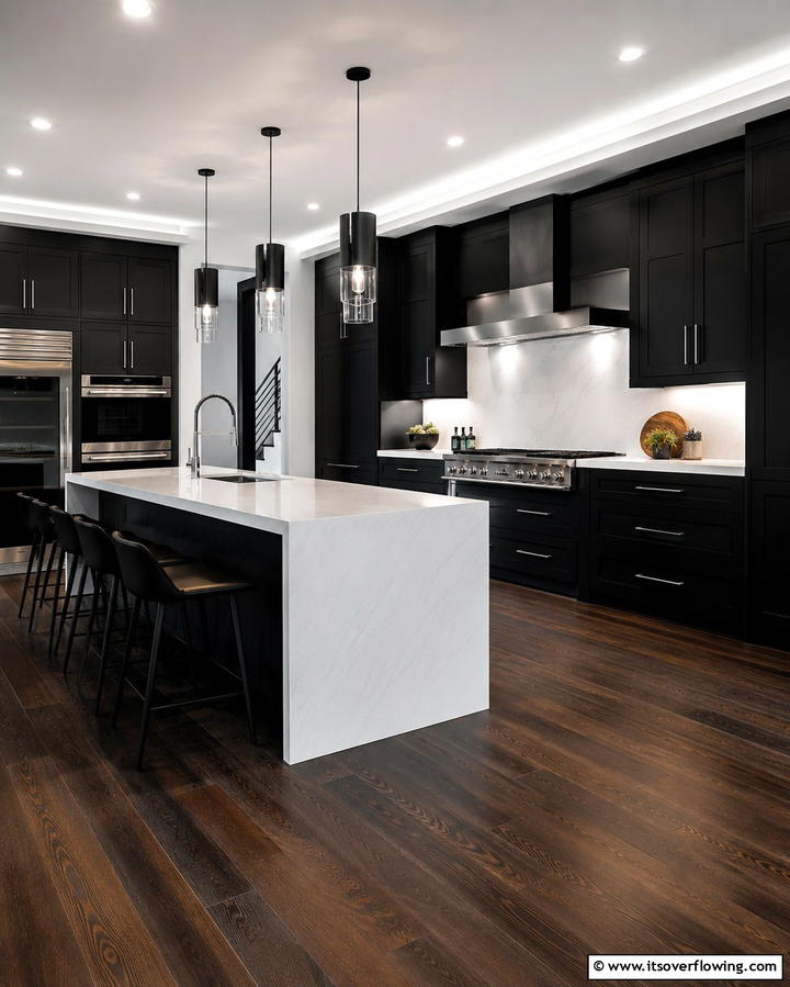 Sleek Monochrome Aesthetic - 25 Kitchen With Dark Wood Floors Ideas for Elegance