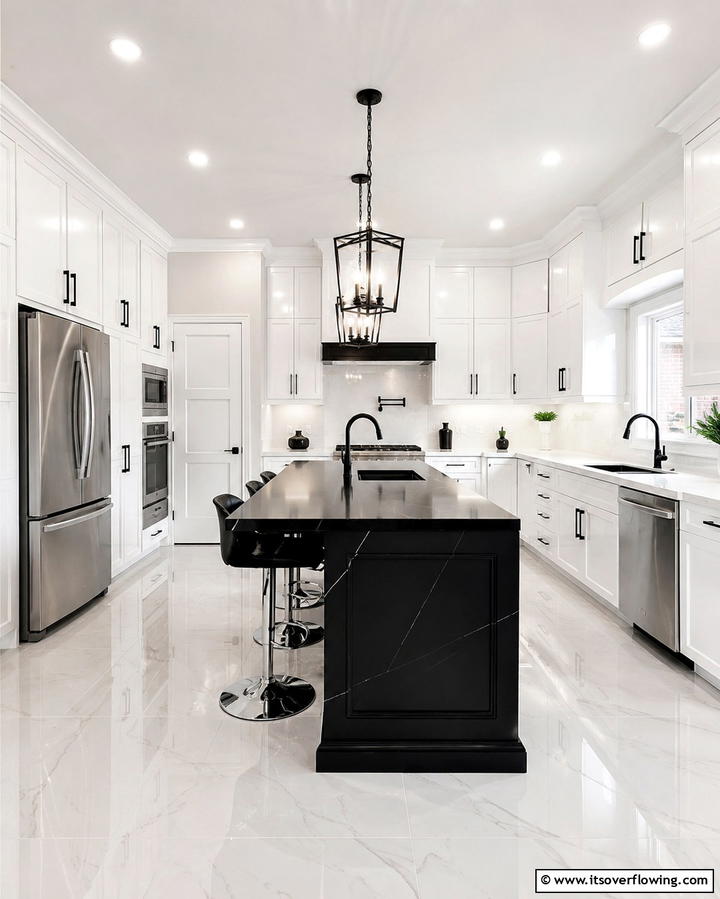Sleek Monochrome Balance - 20 White Kitchen Ideas With Black Island for Contrast