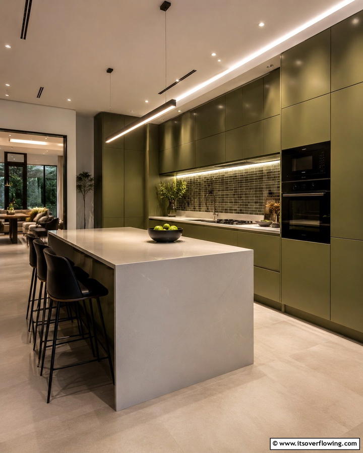 Sleek Olive Green Contemporary - 30 Olive Green Kitchen Designs for a Warm Cooking Space