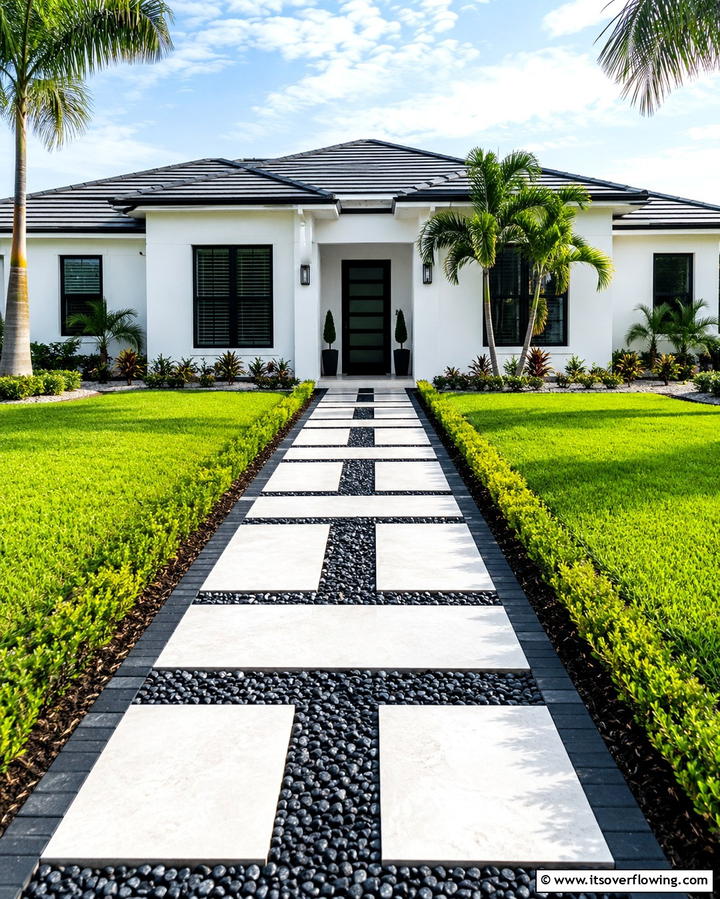 Sleek Pathways Black and White Pavers - 30 Single-Story White House Black Trim Exterior Inspirations