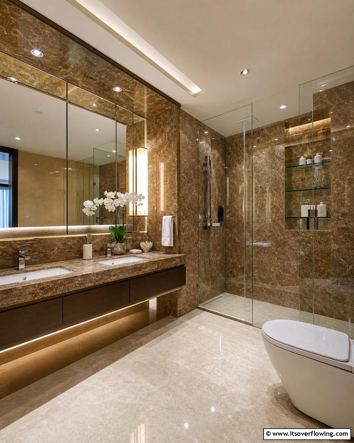 Sleek Simplicity with Brown Granite and Glass Features - 20 Elegant Brown Granite Bathroom Ideas for a Luxurious Look