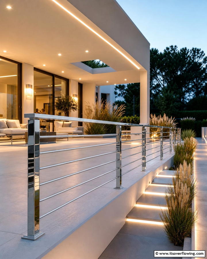 Sleek Stainless Steel Modernity - 21 Porch Railing Designs to Elevate Your Home’s Curb Appeal