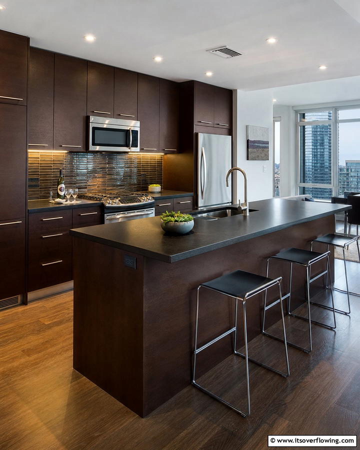 Sleek Urban Kitchen with Dark Elegance - 20 Kitchen Ideas with Brown Cabinets and Black Countertops