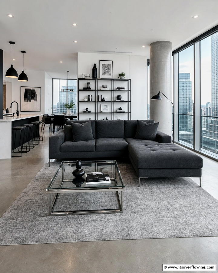Sleek Urban Modernity - 21 Dark Grey Couch Living Room Styling Ideas