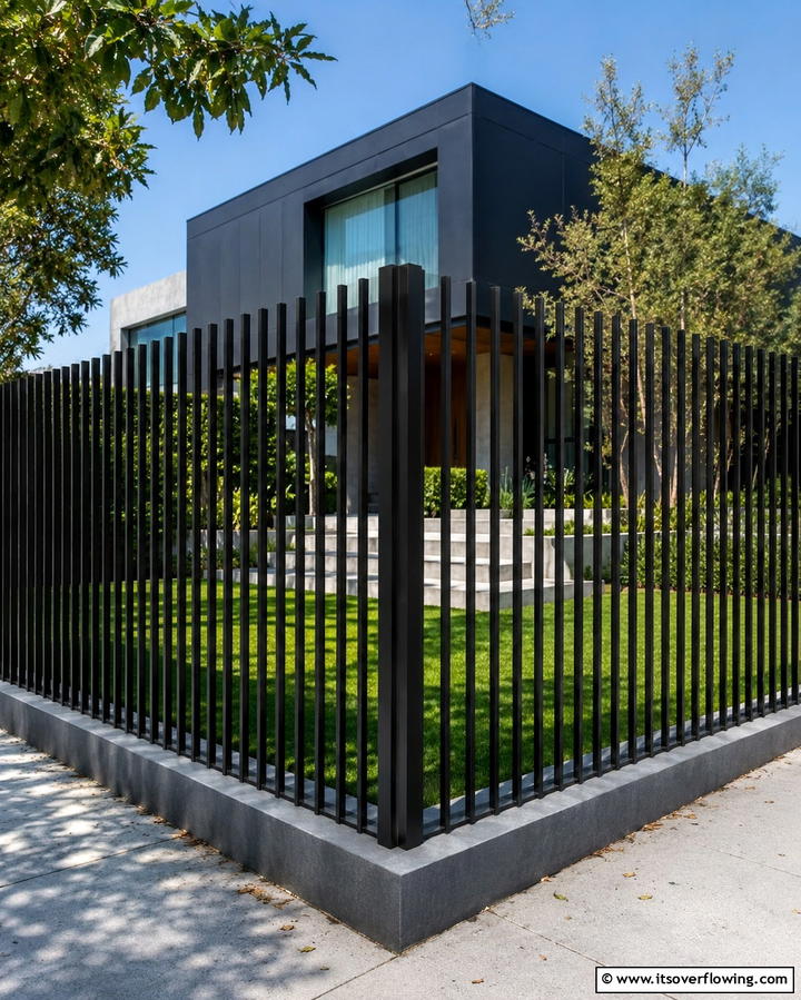 Sleek Vertical Metal Fence - 30 Innovative Corner Fence Solutions for Yard Boundaries