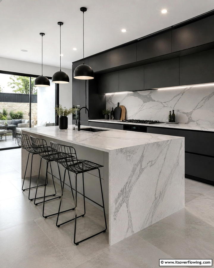 Sleek Waterfall Countertops - 25 Kitchen Island Ideas With Seating for Functionality