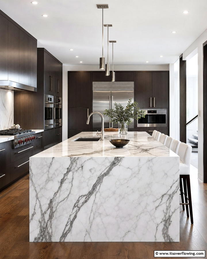 Sleek Waterfall Edge Marble Design - 25 Marble Kitchen Island Ideas for a Stunning Centerpiece