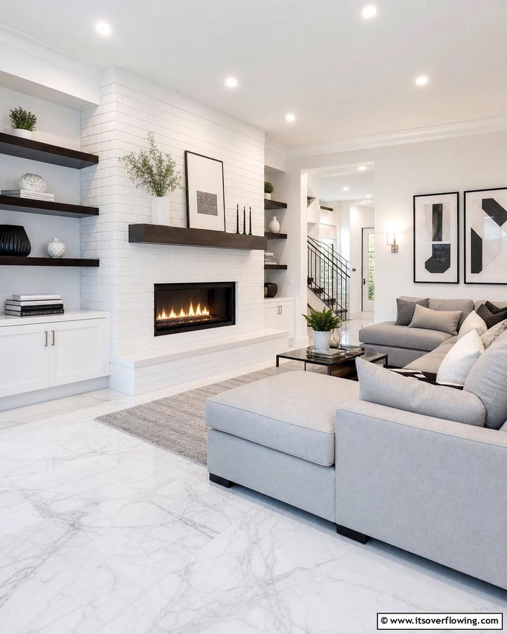 Sleek White Brick Masterpiece - 30 White Brick Fireplace Ideas for Timeless Living Rooms