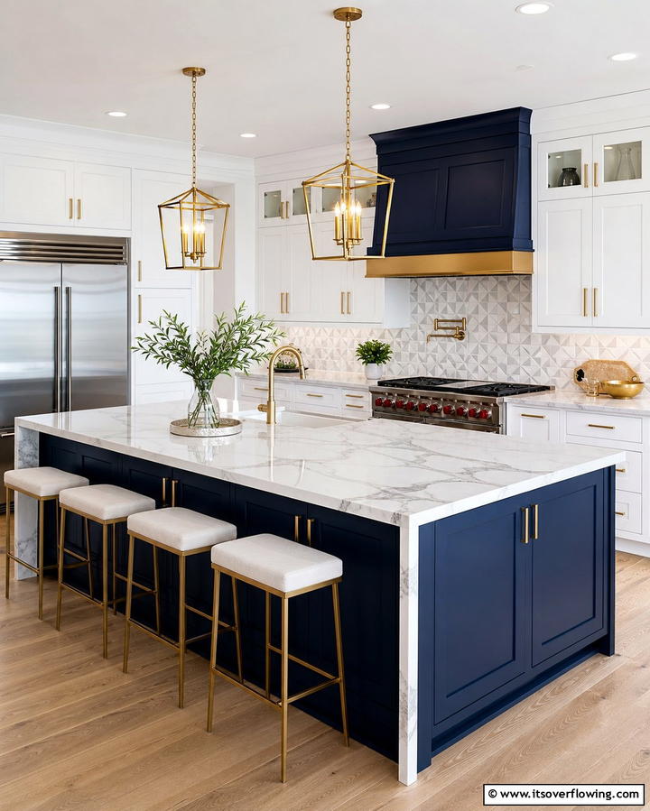 Sleek White Cabinets with a Bold Navy Blue Island - 25 White Kitchen Cabinets With Blue Island Ideas
