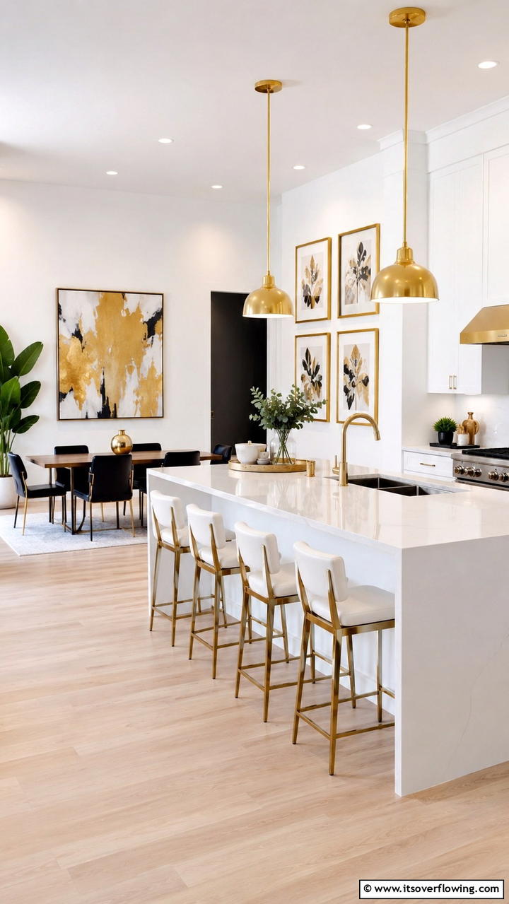 Sleek White Walls with Striking Gold Artwork - 21 White and Gold Kitchen Ideas for Timeless Elegance