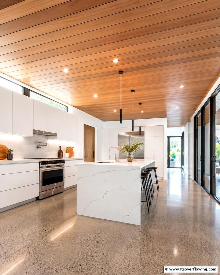 Sleek Wooden Panels for a Contemporary Look - 20 Wood Ceiling Kitchen Ideas for a Warm and Inviting Atmosphere