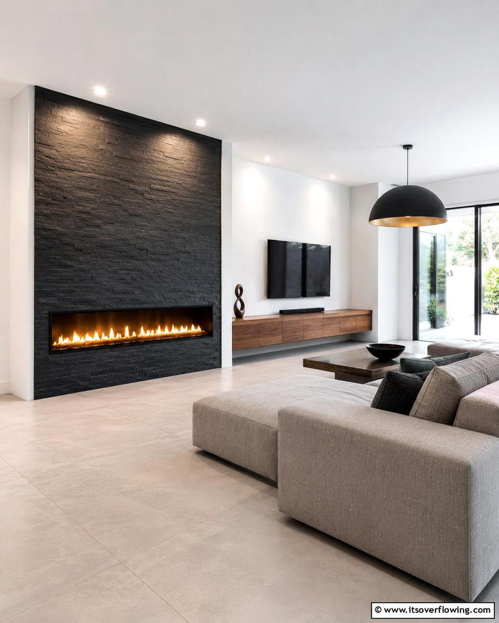 Sleek and Modern Linear Fireplace - 25 Elegant Black Stone Fireplace Ideas