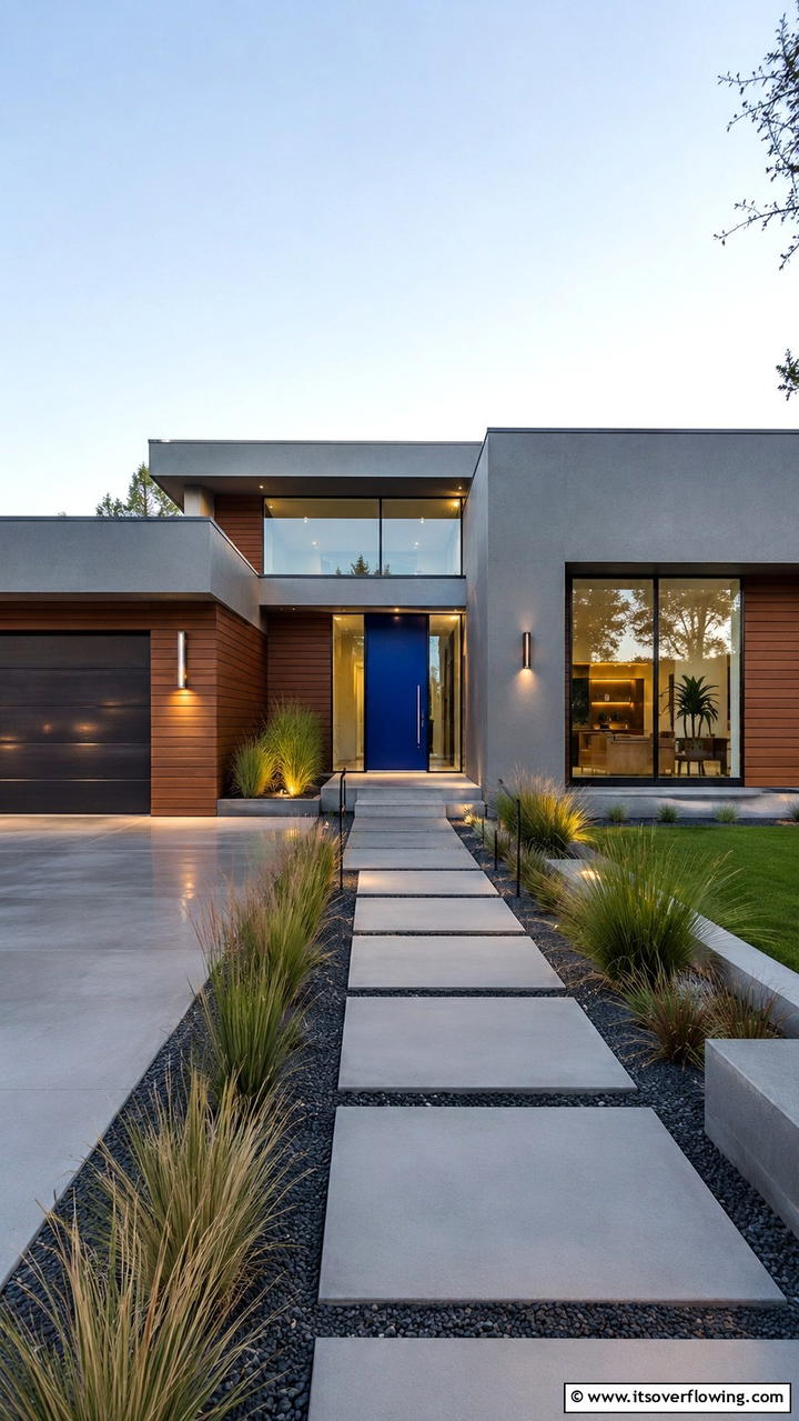 Sleek and Streamlined Design - 30 Grey House With Blue Door Ideas- Charming Curb Appeal