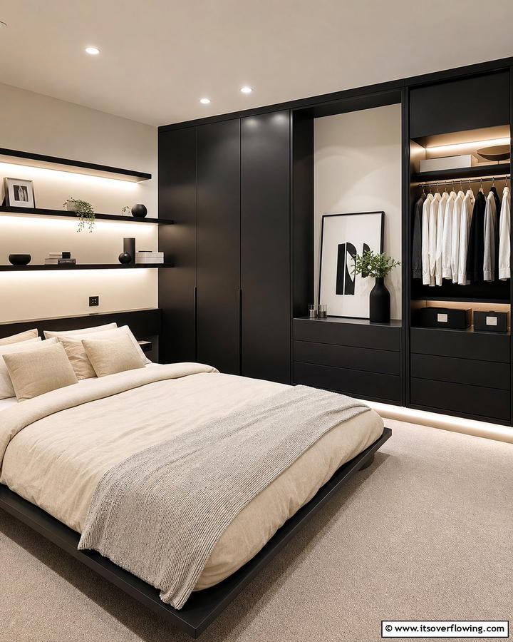 Sleek and Stylish Storage Solutions - 21 Cream & Black Bedroom Ideas- Sophisticated Contrast