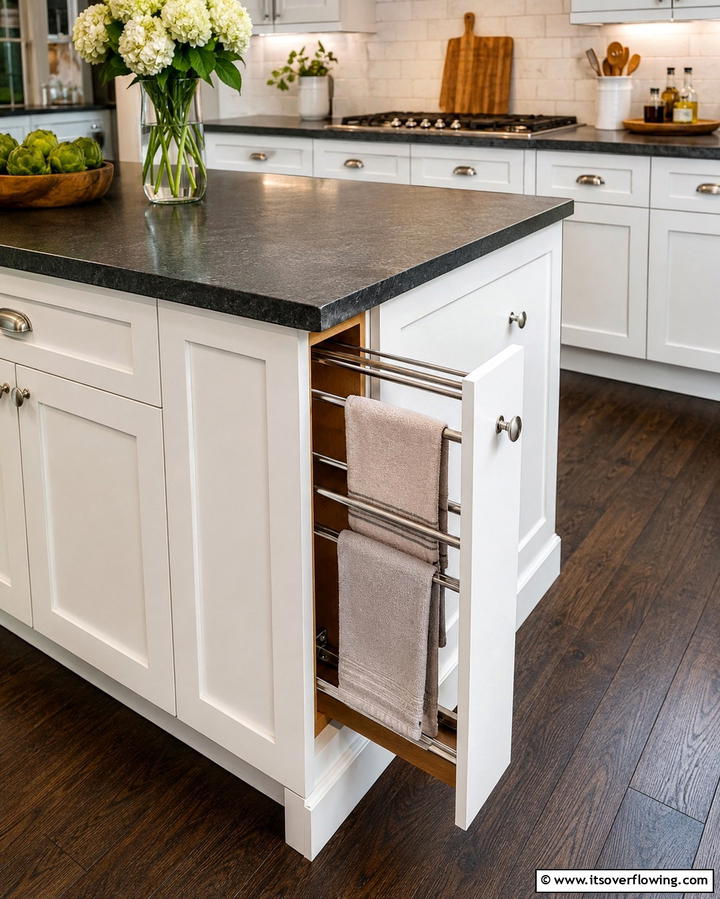 Slide Out Towel Racks - 25 Smart Kitchen Island Storage Ideas for Organized Kitchens