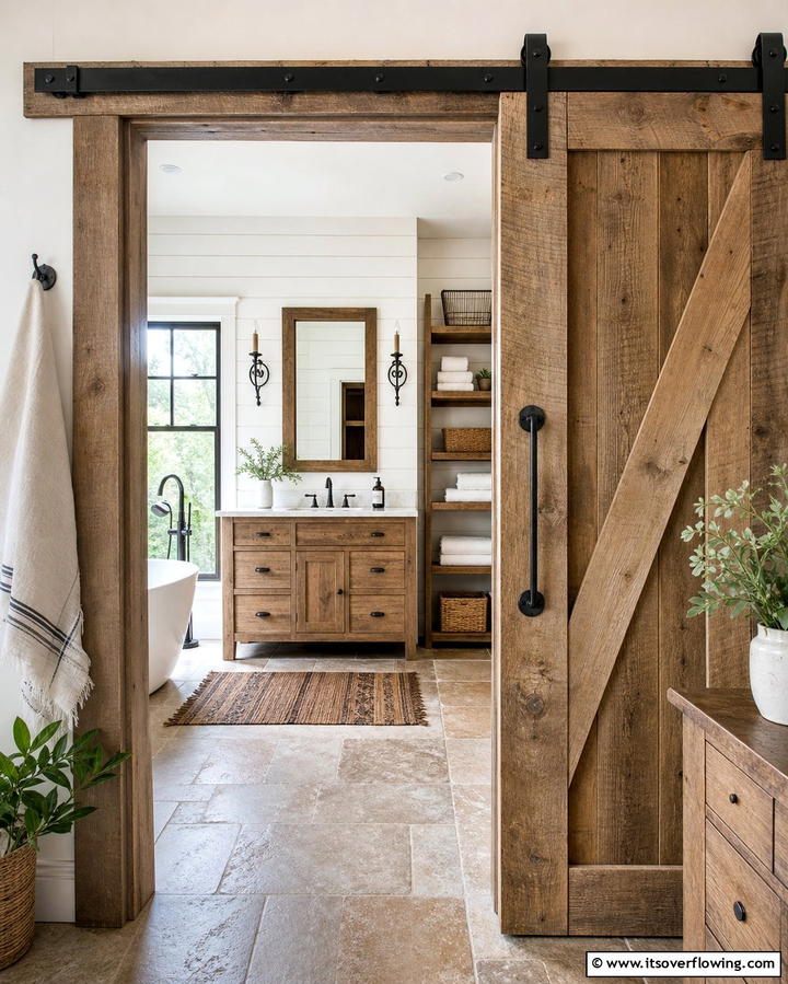 Sliding Barn Door - 25 Farmhouse Bathroom Ideas for a Rustic and Relaxing Retreat