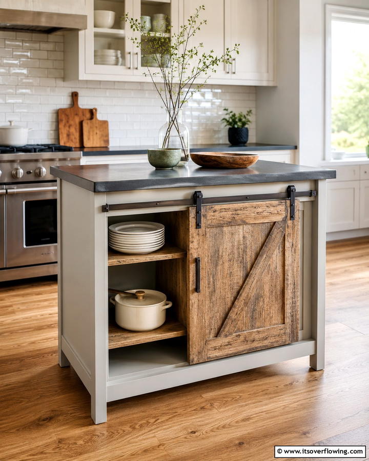 Sliding Barn Door Cabinet - 25 Farmhouse Kitchen Island Ideas for Rustic Charm