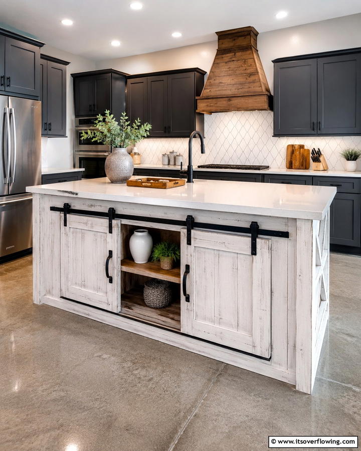 Sliding Barn Door Storage - 25 Rustic Kitchen Island Ideas for a Cozy Cooking Space