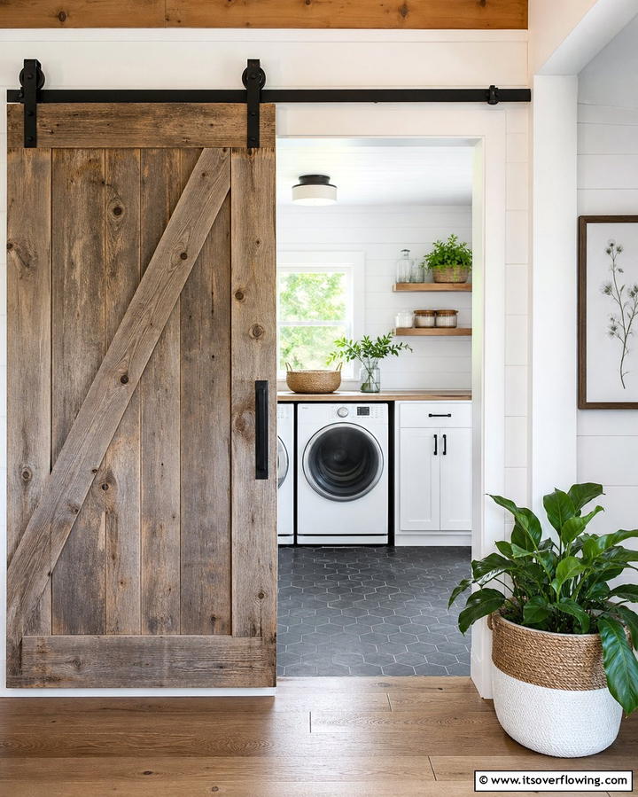 Sliding Barn Door for Space Optimization - 25 Farmhouse Laundry Room Ideas for Function and Style