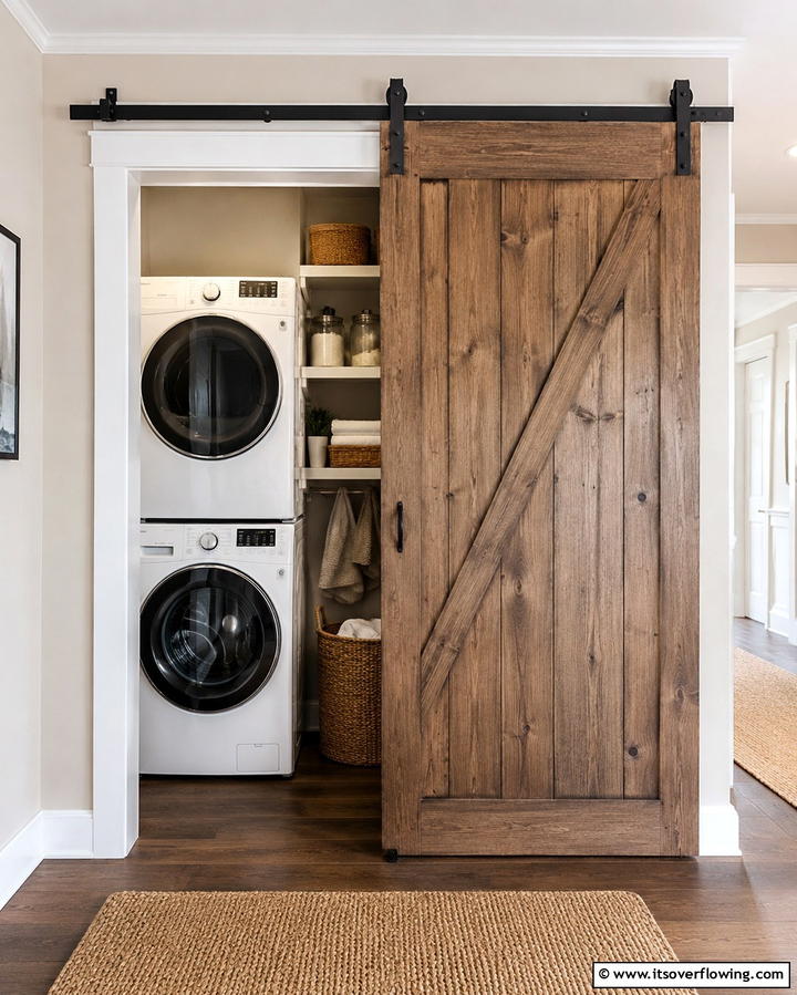 Sliding Barn Door for a Sleek Look - 20 Stackable Laundry Room Ideas for Small Spaces