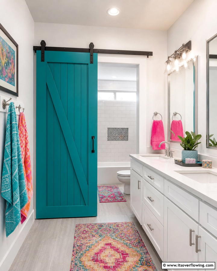Sliding Barn Door with Bold Colors - 20 Bathroom Barn Door Ideas for Space Saving
