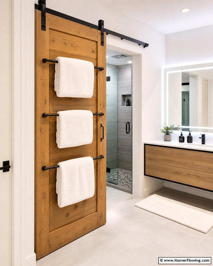 Sliding Barn Door with Built In Towel Rack - 20 Bathroom Barn Door Ideas for Space Saving