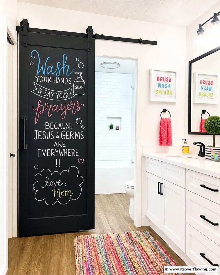 Sliding Barn Door with Chalkboard Paint - 20 Bathroom Barn Door Ideas for Space Saving