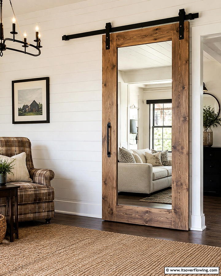 Sliding Barn Door with Mirror - 25 Living Room Mirror Ideas to Brighten Your Space