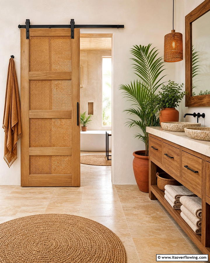 Sliding Barn Door with Woven Details - 20 Bathroom Barn Door Ideas for Space Saving