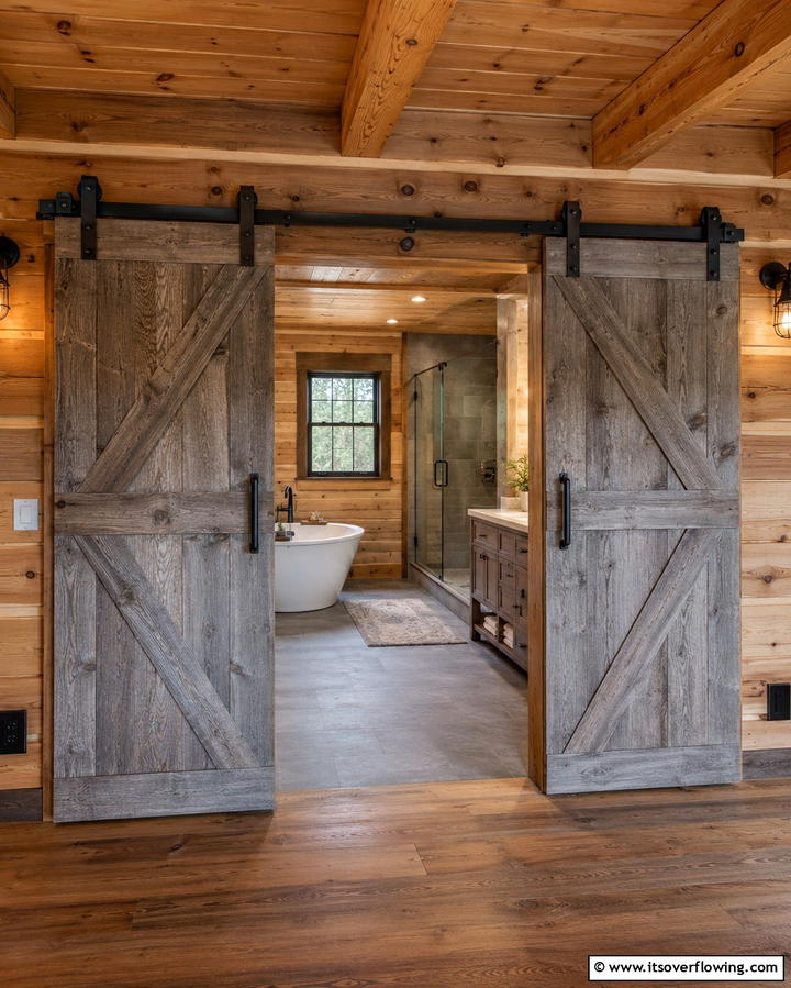 Sliding Barn Doors - 25 Log Cabin Bathroom Ideas for a Rustic and Relaxing Retreat