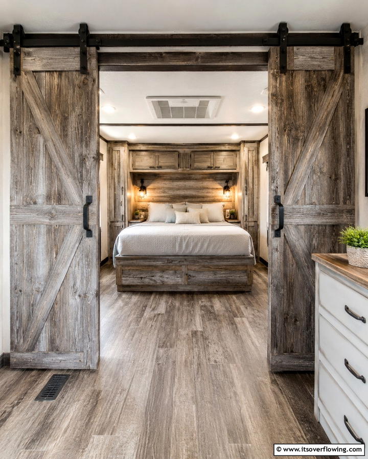 Sliding Barn Doors - 25 RV Bedroom Ideas to Maximize Comfort on the Road