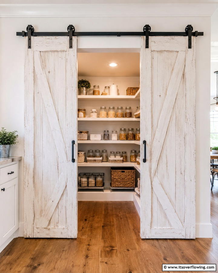 Sliding Barn Doors - 30 Charming White Farmhouse Kitchen Inspirations