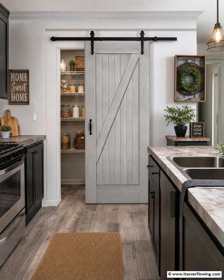 Sliding Barn Doors for Pantry Access - 25 Mobile Home Kitchen Ideas for Stylish Living