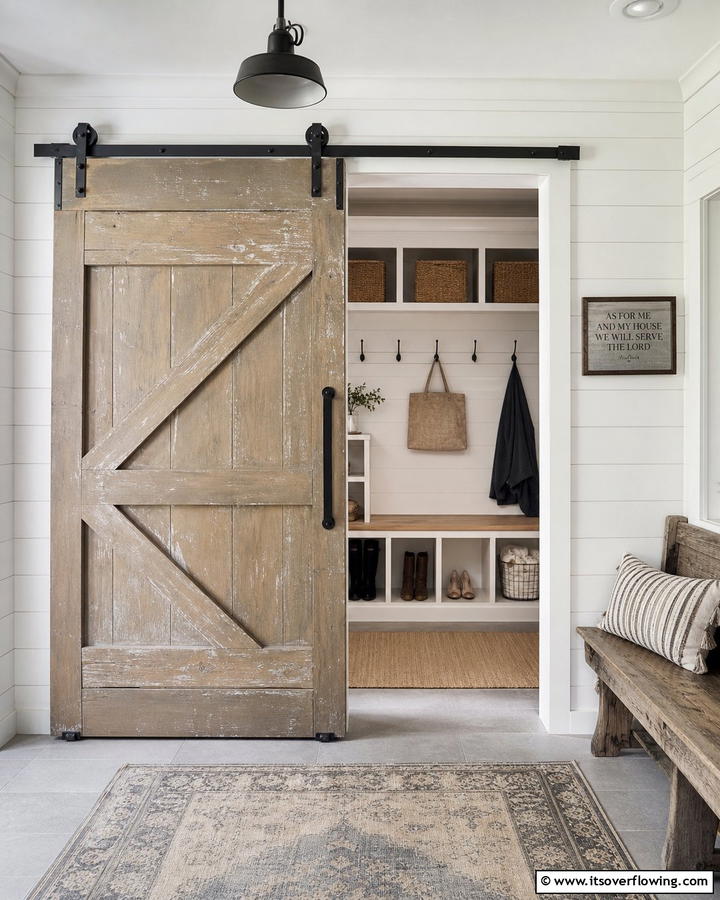 Sliding Barn Doors for Stylish Separation - 20 Farmhouse Mudroom Ideas for a Rustic Entryway