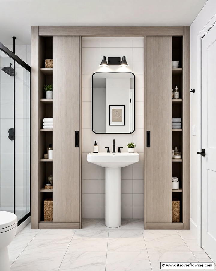 Sliding Door Storage Units - 20 Pedestal Sink Storage Ideas for Organized Bathrooms